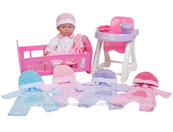 JC Toys La Baby Doll Set Пупс, стульчик для кормления, кроватка, одежда