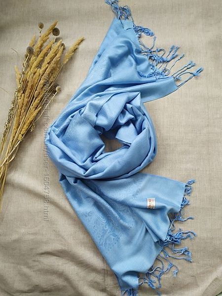 Голубой широкий шарф палантин тонкая шерсть шелк с узором 