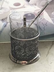 Подстаканник скань, тонкостенный стакан и ложечка из СССР.   Мельхиор  