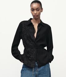 Zara Размер S XL нарядная рубашка комбинированная  с кружевом черная Оригна