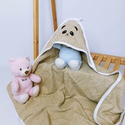 Махровий рушник з капюшоном після купання для дітей з вишивкою Коричневий