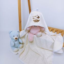 Махровий рушник з капюшоном після купання з вишивкою Бежевий Penetka