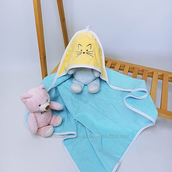 Махровий рушник з капюшоном після купання з вишивкою Киця махра Penetka