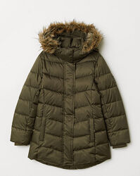 Удлиненная куртка пуффер с капюшоном стеганная зимняя h&m