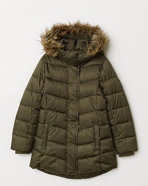 Удлиненная куртка пуффер с капюшоном стеганная зимняя h&m