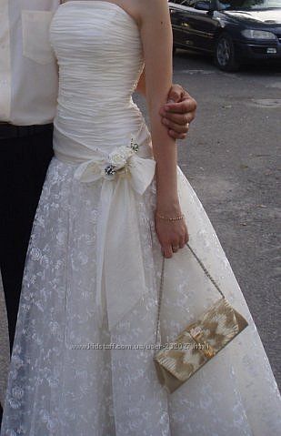 Плаття на весілля ажурне з бантом шампань, розмір 42 випускне  подарунок