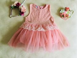 Брендовое. Нежно- розовое платье. Ажурное. Цветочное Кружево. Пышная фатино