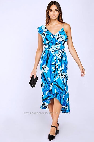 Брендовое платье миди F&F сине-голубое с цветочным принтом, uk12/eur40.