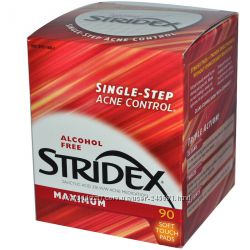 Stridex, Одношаговое средство от угрей, максимальная сила, без спирта,90 шт