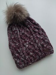 Жіноча напіввовняна шапка з помпоном та підкладкою меланж італія