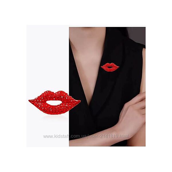 Женская брошка Красные губки, брошь красные губы стразы камни, брошь губы