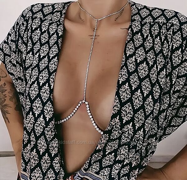 Украшение стразовая цепочка под грудь, контурный бюстгальтер, бодичейн