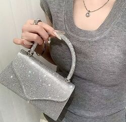 Шикарная мини сумочка клатч серебро, блестящая сумочка камни стразы