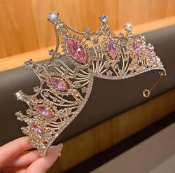 Золотая корона с розовыми камнями стразами, шикарная розовая корона, тиара