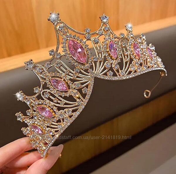 Золотая корона с розовыми камнями стразами, шикарная розовая корона, тиара