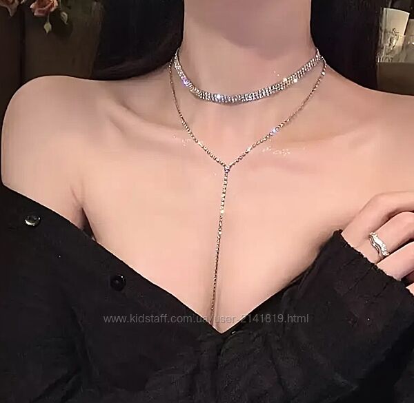 Серебристый чокер-колье стразы камни, блестящий чокер с подвеской серебро