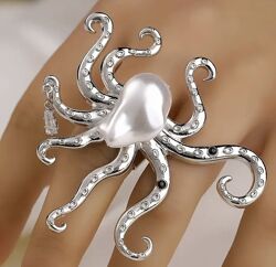 Шикарное необычное кольцо Осьминог с жемчужиной, красивые перстень осьминог