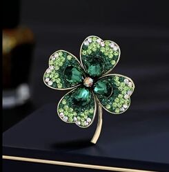 Брошь клевер-четырехлистник, брошка зеленый клевер, брошь клевер