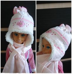 Шапка ушанка зимняя комплект с шарфом Польша на меху на девочку 43-45