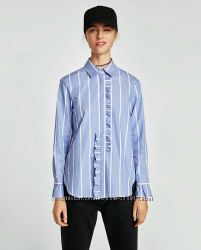 Хлопковая полосатая рубашка блузка в полоску из поплина с оборками от zara